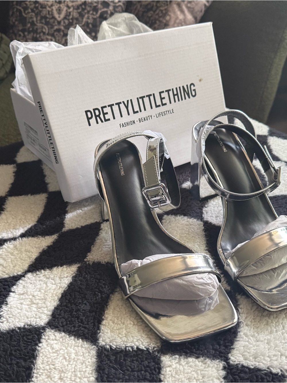PRETTYLITTLETHING Silver Metallic Square-Toe Block Heel Sandals